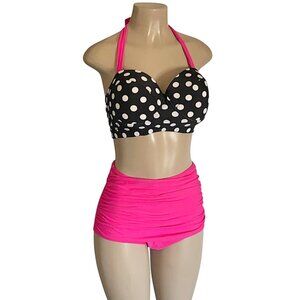 Bold & Playful Retro Halter Bikini Black Polka Dot Top & Hot Pink Ruched Bottom